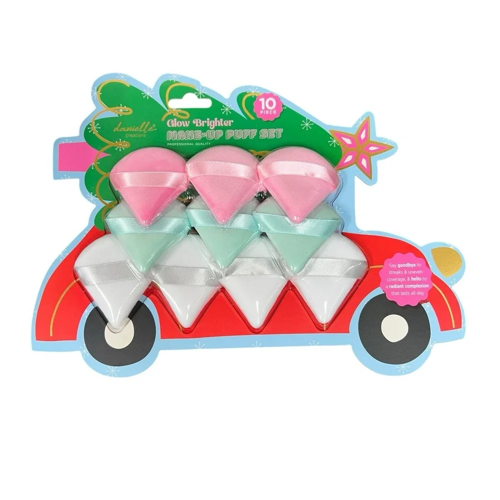 Danielle Creations 10pc Makeup Puff Set Holiday Car w/ Christmas Tree Gift Ready